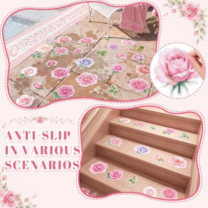 Fullhawl 30 Pcs Rose Non Slip Bathtub Stickers Colorful Rose Anti Slip Shower Stickers Shower Floor Nonslip Sticker Applique Adhesive Decals Treads with Scraper for Bathtub Bathroom Floor - style: Rose