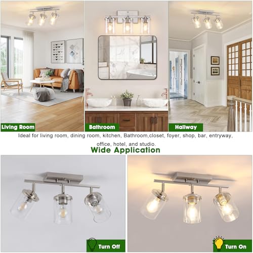 FadimiKoo 3-Lights Kitchen Light Fixtures Ceiling Mount, Brushed Nickel Adjustable Semi Flush Mount Ceiling Light with Clear Glass, Multi-Directional Track Spotlights for Kitchen Hallway Bathroom - color: Brushed Nickel, size: 3-Lights