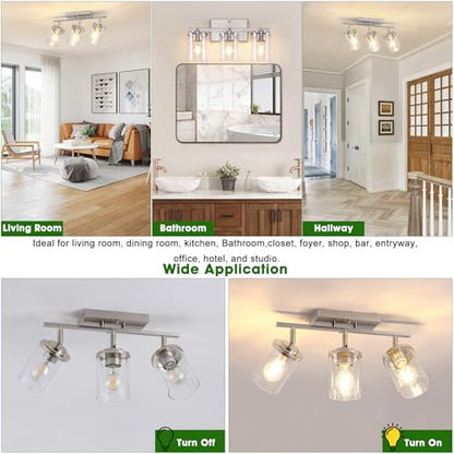 FadimiKoo 3-Lights Kitchen Light Fixtures Ceiling Mount, Brushed Nickel Adjustable Semi Flush Mount Ceiling Light with Clear Glass, Multi-Directional Track Spotlights for Kitchen Hallway Bathroom - color: Brushed Nickel, size: 3-Lights