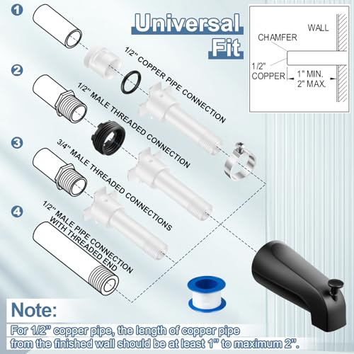 Enhon Tub Spout, Universal Fits 1/2'' Copper Pipe, 1/2'' IPS and 3/4'' IPS, Bathroom Bathtub Tub Faucet Replacement with Adapters(with Diverter,Matte Black) - color: Matte Black, style: with Diverter
