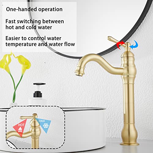 360 Swivel Single-Handle One Hole Vessel Sink Faucet with Matching Pop Up Drain - Brushed Gold Farmhouse Bathroom Vanity Faucet - color: Brushed Gold, size: Vessel