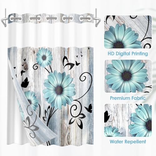 No Hook Shower Curtain with Snap in Liner 71x74 Inch Flower Teal | Rustic Daisy Farmhouse Modern Double Layers Waterproof Fabric with See Through Top Window Open Grommet Bath Curtain - color: Teal Floral, size: 71"W x 74"L (Pack of 1)