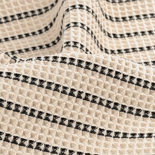 POLYTE 430 GSM Poly Blend Microfiber Quick Dry Waffle Bath Towel Set of 6 | 2-Body Towels, 2-Hand Towels, 2-Wash cloths, Oversize, Lint Free - color: Light Beige/Black