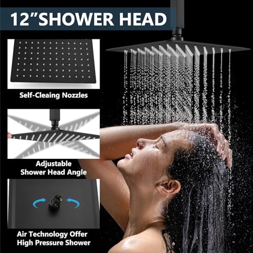 Aolemi Ceiling Mount Shower System Rain Shower Head with Handheld Spray High Pressure Shower Faucet Set Rough-in Valve Shower Trim Kit Included Bathroom Matte Black 12 Inch Ceiling Shower Head - color: Black, size: 12 Inch Ceiling Shower Head