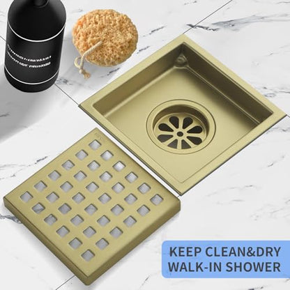 Square Shower Drain 4-Inch with ABS Flange, Brushed Gold, Removable Grille,Bathroom Stainless Steel Shower Floor Drain - color: 4-inch Brushed Gold