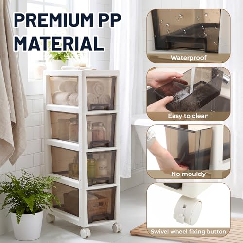 Huwena Plastic Slim 4 Drawers Narrow Storage Cart 28" x 15" x 7.5" Bathroom Narrow Drawer Cabinet with Wheel Container for Small Space Laundry Kitchen Office Bedroom Closets Under Desk
