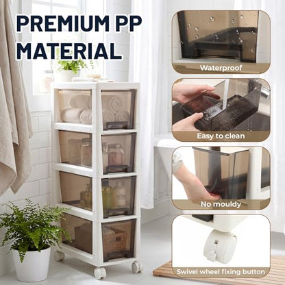 Huwena Plastic Slim 4 Drawers Narrow Storage Cart 28" x 15" x 7.5" Bathroom Narrow Drawer Cabinet with Wheel Container for Small Space Laundry Kitchen Office Bedroom Closets Under Desk