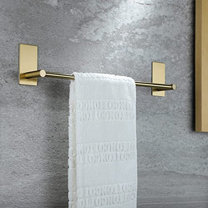 Taozun Golden Towel Bar - Self Adhesive Towel Holder + 2 Packs Hooks, 16-in | Brushed Brass Finish, SUS304 Stainless Steel, Rustproof, No Drilling, Ideal for Bathroom, Kitchen, RV - color: Gold New, size: 16-Inch
