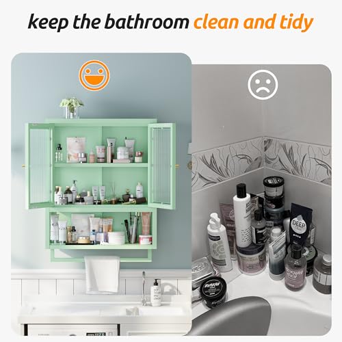 Bathroom Wall Cabinet with 2 Glass Door, Bathroom Medicine Cabinet with Towels Bar and Shelves, Over The Toilet Storage Cabinet, Metal Wall Mounted Cabinet for Laundry Room Kitchen (Green) - color: Green