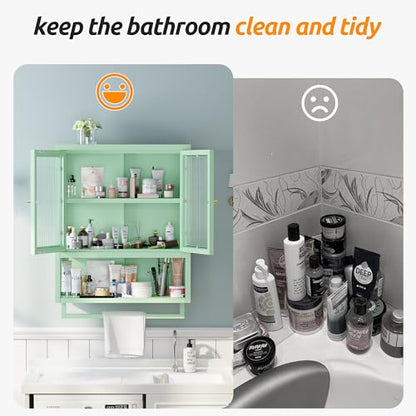 Bathroom Wall Cabinet with 2 Glass Door, Bathroom Medicine Cabinet with Towels Bar and Shelves, Over The Toilet Storage Cabinet, Metal Wall Mounted Cabinet for Laundry Room Kitchen (Green) - color: Green