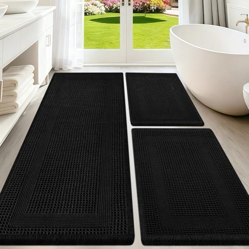 Upgraded Waffle Bath Mat Set 3 Piece Black-Looped, Super Absorbent Non-Slip Quick Dry Bathroom Rugs with Tassels, Machine Washable Ultra Soft Boho Bath Rugs for Floor, Toilet Mats Boho Farmhouse Decor - color: Black, size: 48"x24"+36"x24"+24"x17"