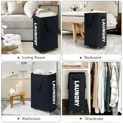 CHICVITA 75L Slim Rolling Laundry Basket with Wheels & Wash Bag, Black | Carry handle for easy moving to laundry room. Removable wash bag, slim design fits tight spaces - color: Black, size: 75L (15.7"L x 11.8"W x 24.8"H)