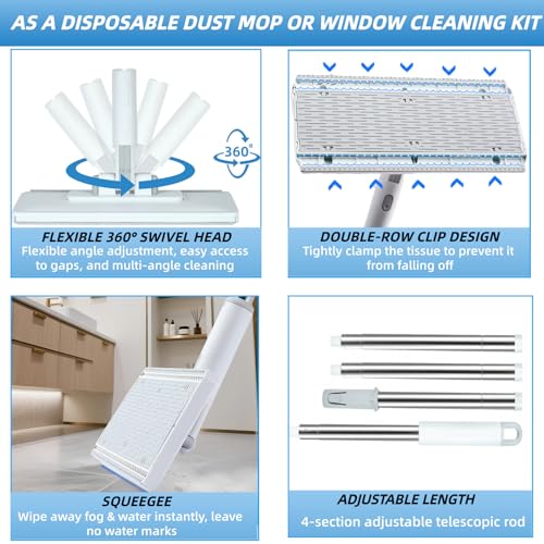 4 in 1 Snap Grip Mini Mop with Squeegee, Floor Scrub Brush with Long Handle | Click Mop, 2 Shiny Towels Wipes Cleaning Cloths, 2 Crevice Brush, Snap Grip Mop for Windows Car Glass Floor Shower Bathroom