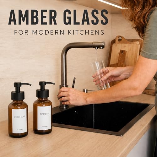 Amber Glass Foaming Soap Dispenser, 2 Pack, 8.5 Oz, Refillable | Foaming Hand Soap Dispenser; Pump Bottles, Non-Slip Bottom, 6 Moisture-Resistant Labels; for Bathroom & Kitchen Counter Decor