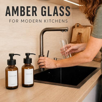 Amber Glass Foaming Soap Dispenser, 2 Pack, 8.5 Oz, Refillable | Foaming Hand Soap Dispenser; Pump Bottles, Non-Slip Bottom, 6 Moisture-Resistant Labels; for Bathroom & Kitchen Counter Decor