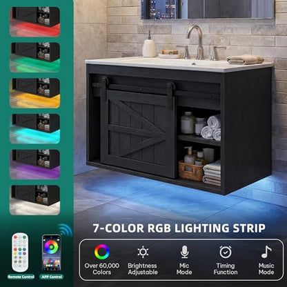 DWVO 24" LED Bathroom Vanity with Sink | Farmhouse Sliding Barn Door Bathroom Cabinet, Bathroom Vanities, Wall Mounted Floating Cabinet - color: Black, size: 24 Inch