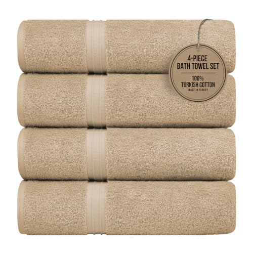 Hotel Quality Bathroom Towels Set of 4 - Soft & Absorbent - Large (28" x 56") 100% Cotton, Cozy, Versatile, Perfect as Shower Towels, Spa Towels - Beige - color: Beige