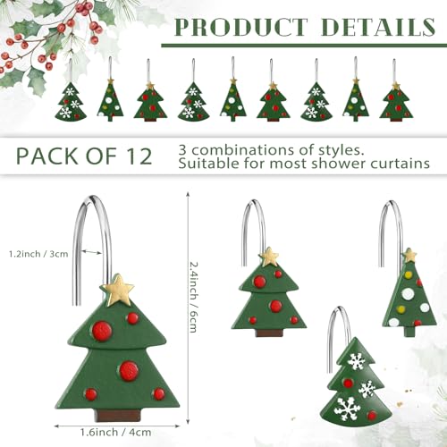 Colingmill 12 Pcs Christmas Tree Shower Curtain Hooks Christmas Tree Shower Curtain Hooks Xmas Bathroom Rust Resistant Decor Rings for Holiday Winter Bathroom Bedroom Farmhouse Decorations - style: Tree