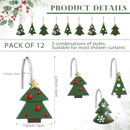 Colingmill 12 Pcs Christmas Tree Shower Curtain Hooks Christmas Tree Shower Curtain Hooks Xmas Bathroom Rust Resistant Decor Rings for Holiday Winter Bathroom Bedroom Farmhouse Decorations - style: Tree