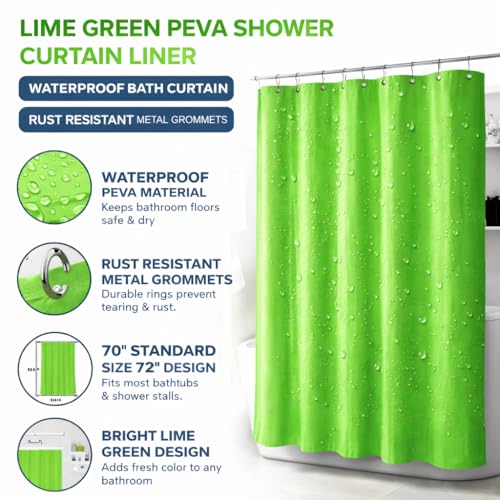 Lime Green PEVA Shower Curtain Liner 70x72 | Waterproof, Rust Resistant Metal Grommets - color: Lime Green