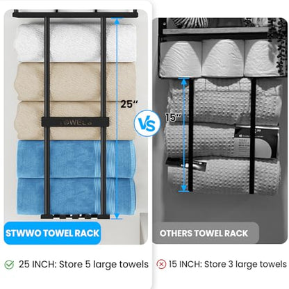 STWWO Bathroom Towel Storage Rack, 31” Towel Organizer with Storage Basket | Metal Bathroom Towel Holder with Shelf, Towel Rack with 3 Hooks for RV, Apt, Small Bathroom, Holds 5 Large Towels, Black
