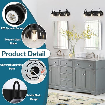 Dpyrrhic Bathroom Vanity Light,Modern 3-Light Bathroom Lighting Fixtures Over Mirror with Clear Glass Shade and Metal Base,Matte Black Bathroom Lighting - color: Black, size: 3-Light