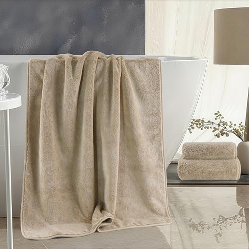 MICROFI Ring Spun Terry Microfiber Bath Towel Set, 3 Piece, Oversize, Quick Dry, Lint Free, Includes Bath, face, and Hand Towels (Beige) - color: Beige