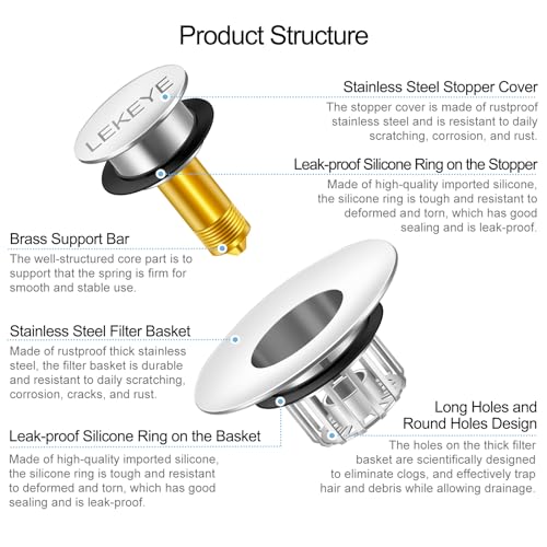 LEKEYE Tub Stopper | Shower Drain Hair Catcher | Pop-up Drain Stopper with Strainer | Bathroom Bathtub Plug | Drain Protector for 1-1/2 to 1-3/4" Bath Drain Hole - Pearl Chrome - color: Pearl Chrome