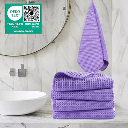 POLYTE 430 GSM Poly Blend Microfiber Quick Dry Waffle Hand Towel, 16x30 in | 4 Pack, Oversize, Lint Free, Quick Dry, Hanging Loop - color: Purple