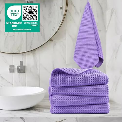 POLYTE 430 GSM Poly Blend Microfiber Quick Dry Waffle Hand Towel, 16x30 in | 4 Pack, Oversize, Lint Free, Quick Dry, Hanging Loop - color: Purple