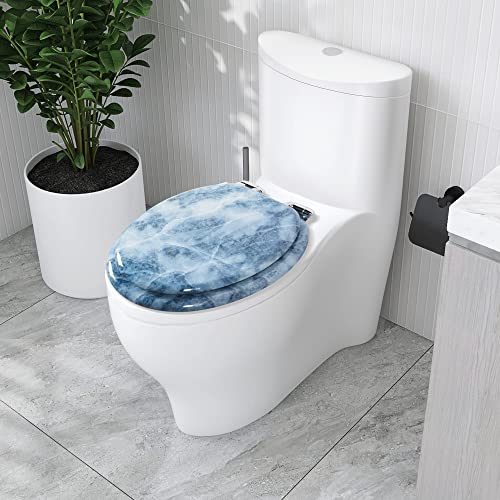 Angol Shiold ROUND Toilet Seat Molded Wood (Blue Marble) | Quiet Close Quick Release Metal Hinges, Adjustable Fit for Standard Round Toilets, Easy to Install&Clean - color: Blue Marble, size: Round-16.5“