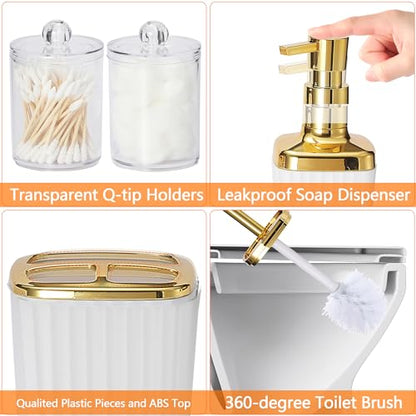 9 PCS White Bathroom Accessories Set with Trash Can Bathroom Accessory | All-in-One Kit with Trash Can,Toothbrush Holder,Soap Dispenser,Toothbrush Cup,Vanity Tray,Soap Dish,Toilet Brush etc for Home - color: White