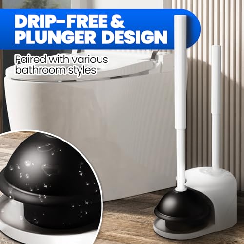 4in1 Toilet Plunger and Brush Set - Home Bathroom Cleaning Tools | 21", Groove Gap Brush, Cleaning Gloves, Heavy Duty Toilet Bowl Cleaner, Apartment Must Haves Bathroom Decor, White - color: White