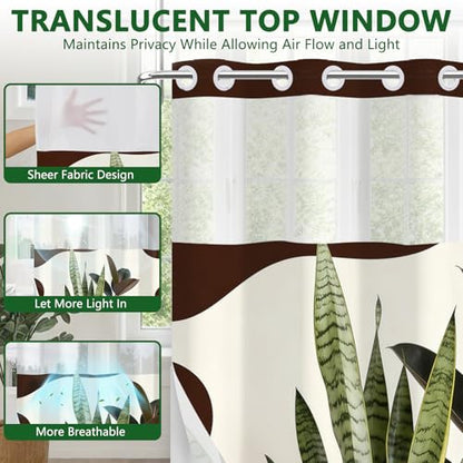 No Hook Waterproof Shower Curtains with Snap in Liner, Modern Minimalist Plant Fabric Shower Curtain with Weighted Hem and Sheer Top Window, Cow Print 3 in 1 Shower Curtain for Home, 71x74 Inches - color: Modern Minimalist Greenery