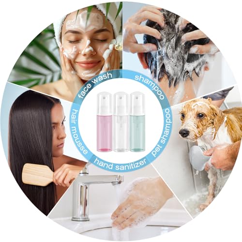 3pcs 2oz Small Size Mousse Plastic Travel Foam Pump Bottle Dispenser (60ml) | Clear+Green+Pink, Leakproof, Tsa approved, Travelers Daily Use, for Hand Soap, Shampoo, Lash Cleanser - color: Clear+green+pink
