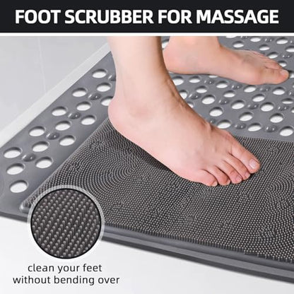Shower Mat Non Slip: 35.4" x 23.6" Large PVC Heavy Shower Mats for Inside Shower - Quick Dry Shower Foot Scrubber Matt with Drain Hole and Suction Cups for Elderly - color: Grey