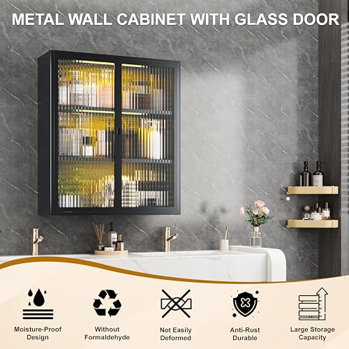 Metal Bathroom Wall Storage Cabinet,Hanging Medicine Cabinets with 2 Glass Doors,Black 3-Tier Over The Toilet Cabinet Wall Mounted,Wall Cabinet for Bathroom Laundry Room Kitchen - color: Black New