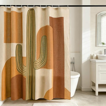 Tropical Cactus Linen Shower Boho Curtain Set with Liner,72" Wx72 L | Double Layer Shower Curtain Waterproof Fabric with Zippered Removable PEVA Liner,Boho Shower Curtain for Bathroom,Free Hooks - color: Orange Cactus