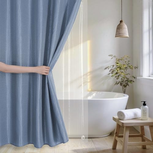 QiyI 3 in 1 Waffle Shower Curtain Set with Liner, Moonlight Blue, 72 x 72 | Shower Curtain and Liner Set with Hooks, Waterproof Bathroom Curtain with PEVA Liner & 12 Double Sided Clear Plastic Rings - color: Moonlight Blue, size: 72"W x 72"L (Pack of 1)