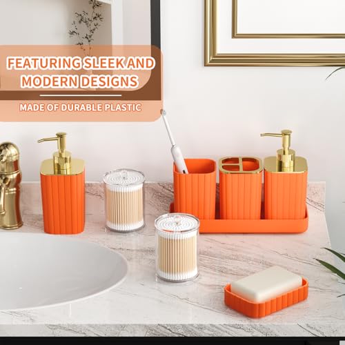 XLHOMO Bathroom Accessory Set - 26PC Bathroom Shower Curtain and Rug Set, Bathroom Accessories Set, Orange Bathroom Set with Trash Can, Toilet Brush, Qtip Holder & Soap Dispenser - style: Orange