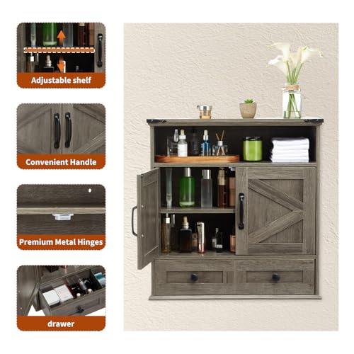 Bathroom Cabinet with Double Barn Doors – Wall Mounted Medicine Cabinet over Toilet with Adjustable Shelf & Drawer, 25" Wide Hangging Storage Cabinet for Bathroom, Kitchen, Laundry, Entryway Gray - color: Grey
