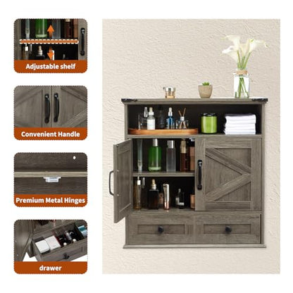 Bathroom Cabinet with Double Barn Doors – Wall Mounted Medicine Cabinet over Toilet with Adjustable Shelf & Drawer, 25" Wide Hangging Storage Cabinet for Bathroom, Kitchen, Laundry, Entryway Gray - color: Grey