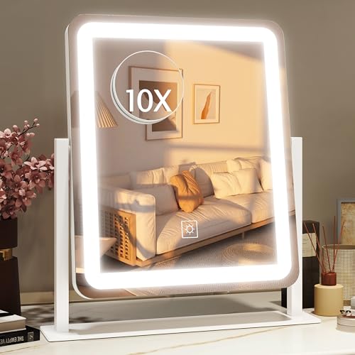 HNV Lighted Vanity Mirror 15"x13" — Dimmable Makeup Mirror with Lights, 3 Color Smart Touch Control, 360° Rotation, HD Glass Aluminum Frame, Tabletop for Bedroom Vanity Dorm - color: White, size: 15"L x 13"W