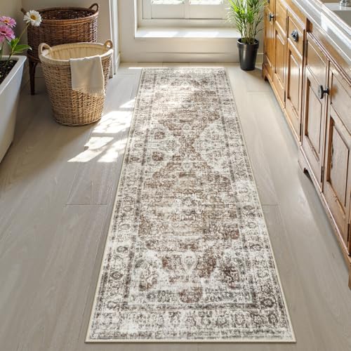Uphome Bathroom Runner Rug, Distressed Tribal Farmhouse Khaki Bathroom Mat, Large Bathroom Rugs Non Slip Washable, Oriental Retro Boho Bath Mat Runner for Bathtub Sink Hallway, 24x71 inch - color: Khaki/Red Brown, size: 24 x 71 inch (Rectangular)
