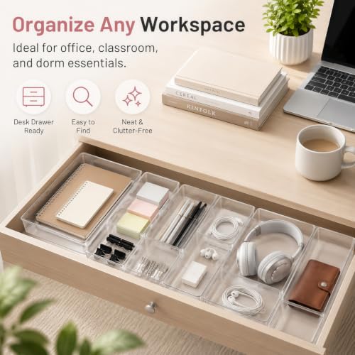 12 Pack Large Drawer Organizer Bins - Clear Plastic Bathroom Drawer Organizer Trays - Heavy Duty Kitchen Drawer Dividers for Utensils - Non-Slip Storage Bins for Makeup, Bedroom, Office Desk - size: 12 Pack
