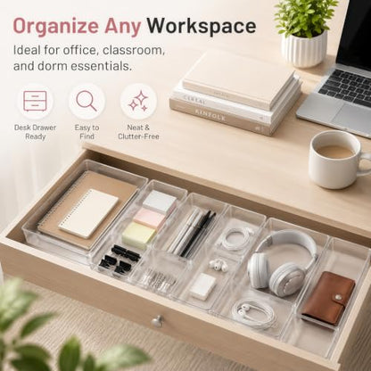 12 Pack Large Drawer Organizer Bins - Clear Plastic Bathroom Drawer Organizer Trays - Heavy Duty Kitchen Drawer Dividers for Utensils - Non-Slip Storage Bins for Makeup, Bedroom, Office Desk - size: 12 Pack