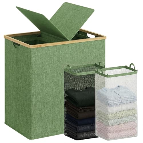 efluky Laundry Hamper with Lid, Double Laundry Basket with 2 Removable Bags, 2 Section Laundry Bin with Bamboo Handles for Bathroom, Bedroom & Laundry Room, 140L (36.9 Gallon) Sage Green - color: Sage Green, size: 140L Dual