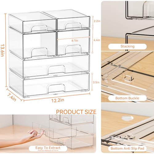 Clear Stackable Storage Drawers - Set of 6 - Acrylic Drawers,Bathroom Organizer Bin and Plastic Makeup Organizer,Clear Stacking Brightroom Storage Boxes for Vanity,Cabinet,Pantry Organization - style: 6 PACK（3 Size）