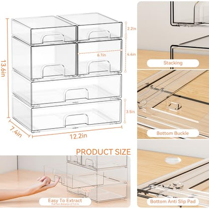 Clear Stackable Storage Drawers - Set of 6 - Acrylic Drawers,Bathroom Organizer Bin and Plastic Makeup Organizer,Clear Stacking Brightroom Storage Boxes for Vanity,Cabinet,Pantry Organization - style: 6 PACK（3 Size）