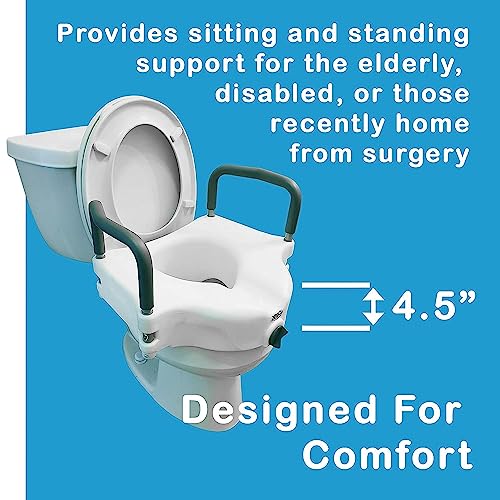 ProBasics E-Z Lock Raised Toilet Seat with Handles, 4.5" Toilet Seat Riser with Arms, Fits Most Elongated and Round Toilets, 17" Seat Width & Height, 19.25" Width Between Arms, White